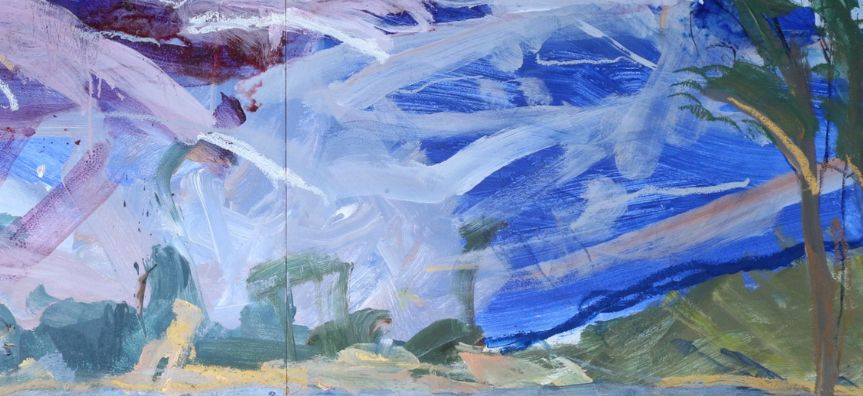 Close up of a landscape painting by Matthew Elliott. A view of Bundanon represented by broad brush strokes.