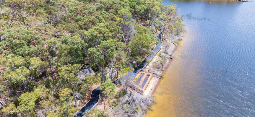 Arial view of the new Manly Dam trail and boardwalk 