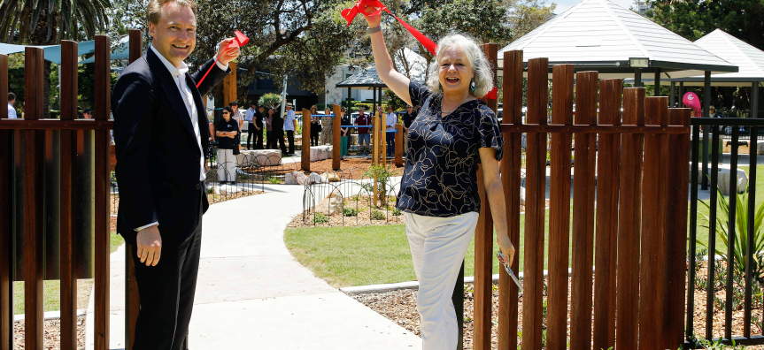 Mayor Sue Heins and MP James Griffin officially open the playground 