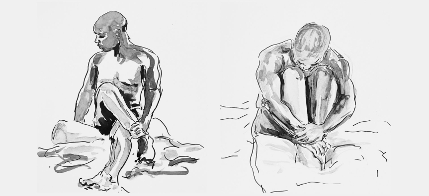 Black and white ink sketch of male model