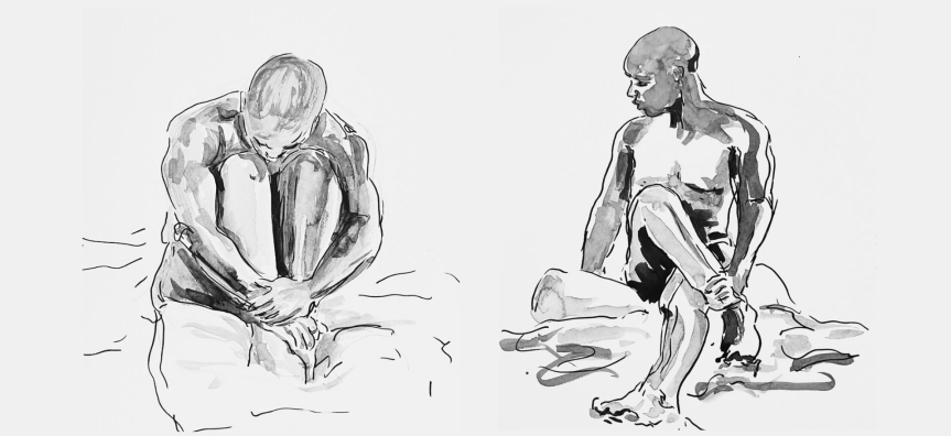 Black and white ink sketch of male model
