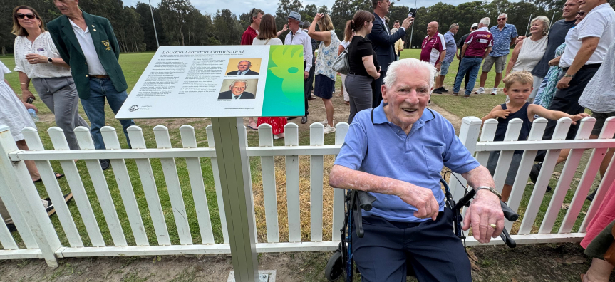 Harry Marston unveils an interpretive sign in his honour 