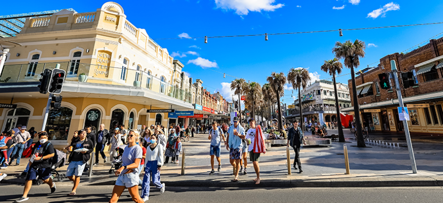 Pedestrians walk on The Corso, Manly on a nice day