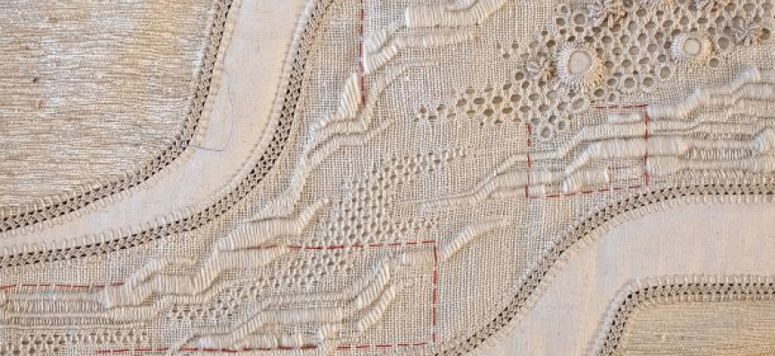 Sybil Orr, Beachhead (detail), 2023, silk, calico, linen, cotton and wool threads, hand stitched