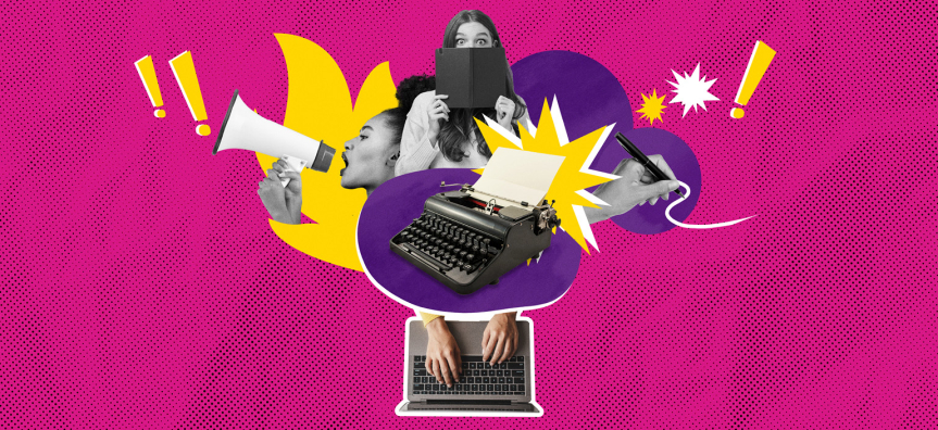 Mashup design of women, writing, laptop theme