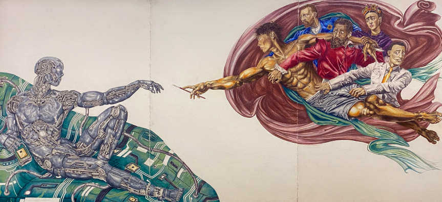 modern take on Michelangelo's creation of Adam by Steven Curtis
