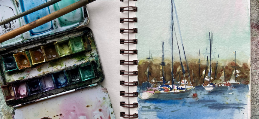 Sketchbook with image of yachts in watercolours