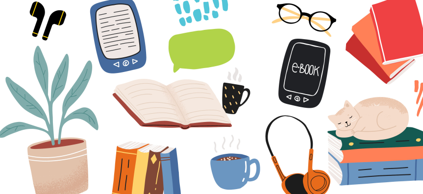Animation of books, plant, cat, tea