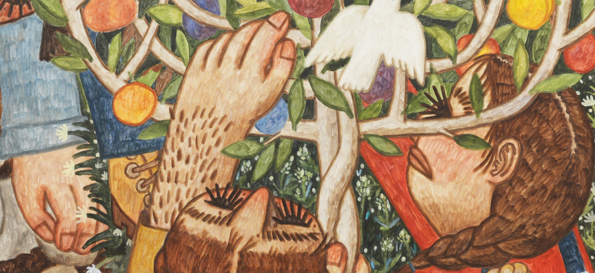 Painting of two figures reaching into tree with white dove