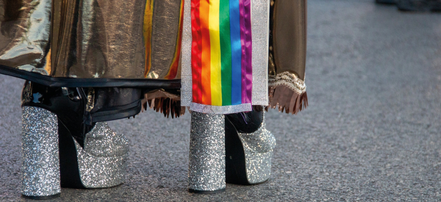high heels, pride scarf, gold dress