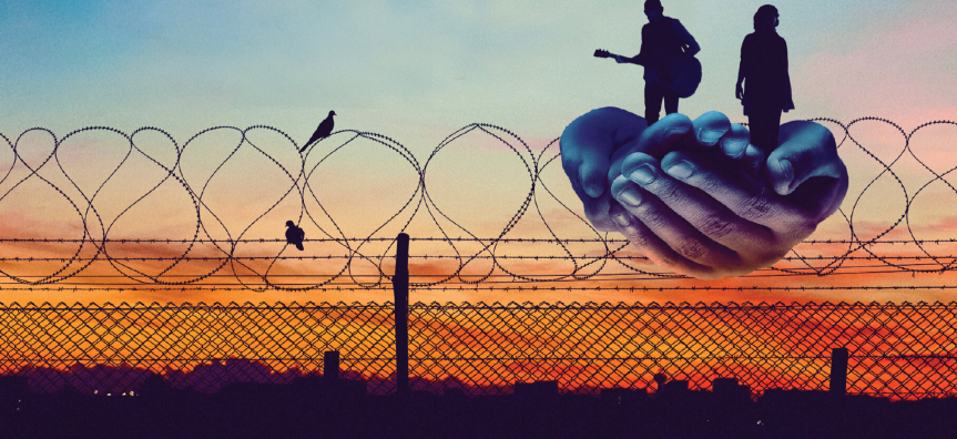 Wire fence, people, guitar, handful