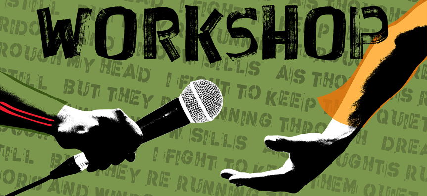 Illustrated hands reaching out to pass a microphone with the text Workshop.