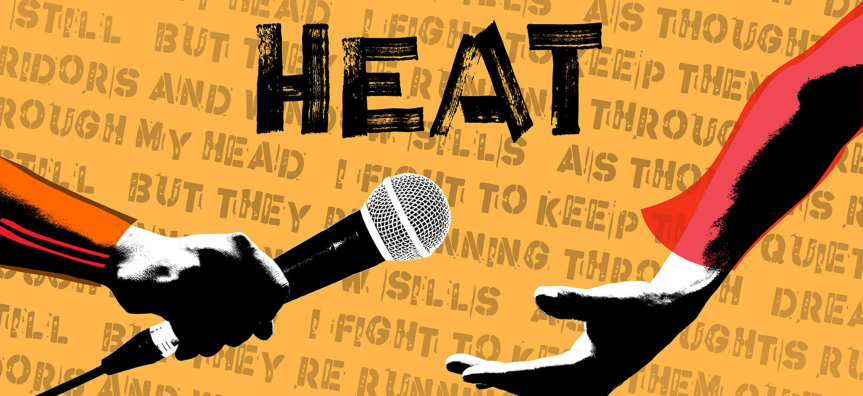 Illustrated hands sharing a microphone with text HEAT