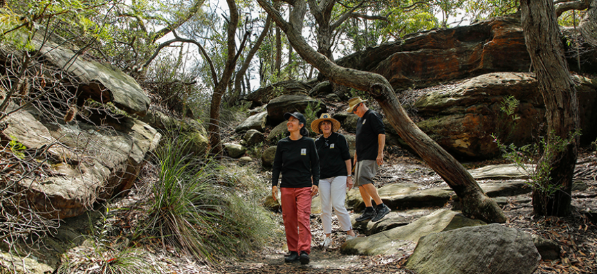 3 volunteers from the Aboriginal Heritage Office in the local bushland