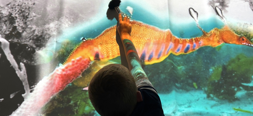 Boy interacting with sea life wall projection