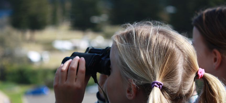 Back of the head of a young child looking out with binoculars
