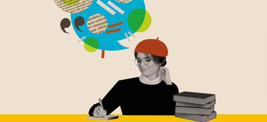 girl writing, think bubble, red berret