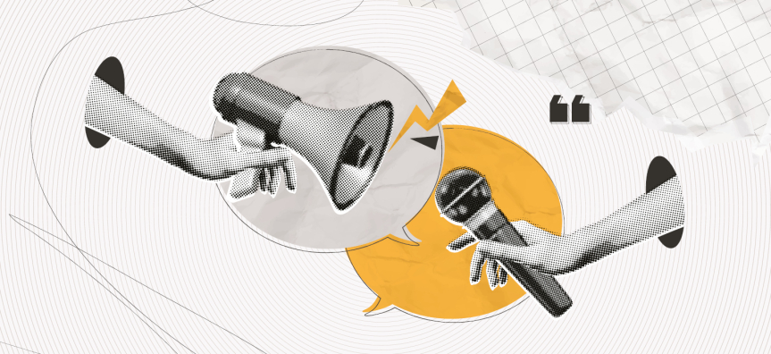 Collage of a microphone and hands in black and white