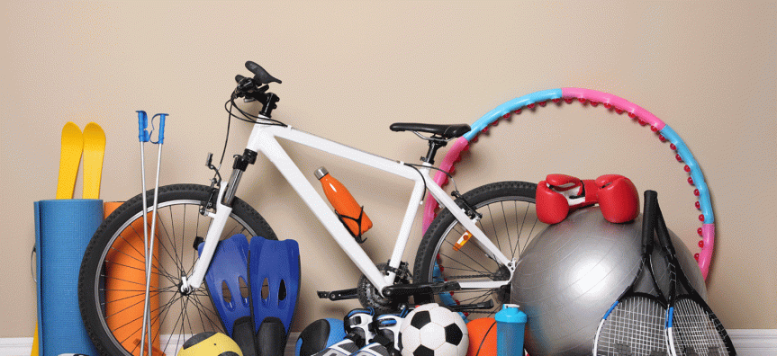 Sports objects piled