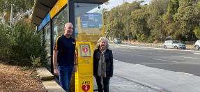 Greg Page and Mayor Heins at one of the 15 new AED defibrillators across the beaches 