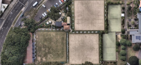 bird's eye image of the newport bowling club, with the intended lease area shaded red