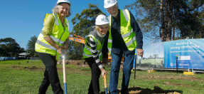 Mayor Heins with Warriewood Resident Association members Julia and Chris Hornsby turning the first soil 