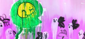 Painting with abstract ghost-like figures in the background and a bright yellow blob-like figure in the foreground.