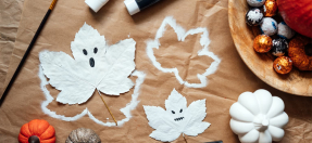 DIY Halloween decorations laid out on the wooden table