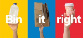 Milk carton, cardboard and coffee cup on a yellow, blue and red background with the words Bin It Right