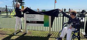 Mayor Heins & Jean Hay AM unveiling the playground sign