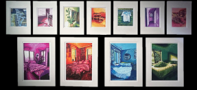 several different sized Gouache paintings in monochrome