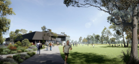 Artist impression of new Warriewood Community Centre with people