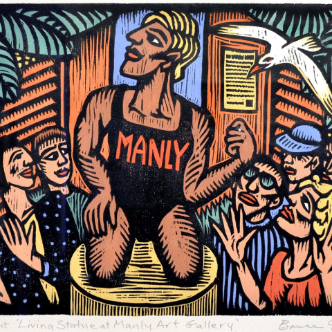 1._Bruce_Goold_b.1948_The_living_statue_at_Manly_Art_Gallery_2010_hand-coloured_woodcut_edition_112_30_x_42cm._Purchased_2011.JPG