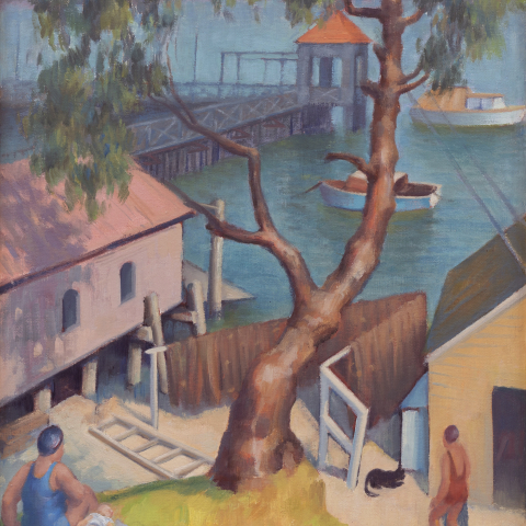 3._Harold_Greenhill_1914-1995_Boatsheds_and_Manly_Baths_1943_oil_on_board_43_x_37cm._Purchased_jointly_by_MAGM_Society_MAGM_Wadih_Hanna_2019_A1368.jpg