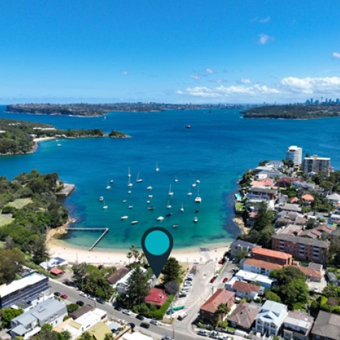 34 Stuart St birds eye of Little Manly, blue marker point over the property