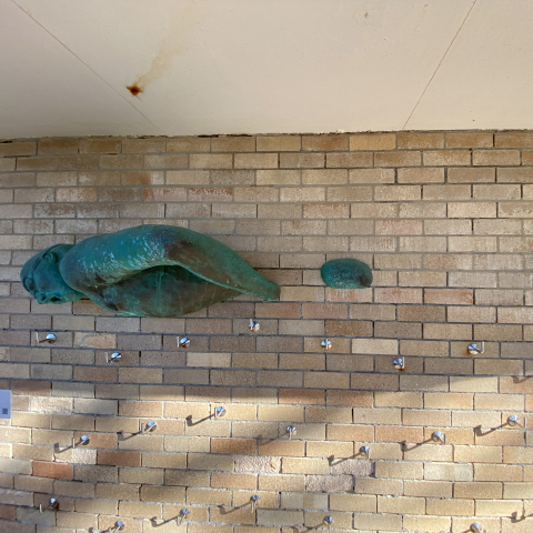 Bronze artwork of smimmer mounted on surf club wall