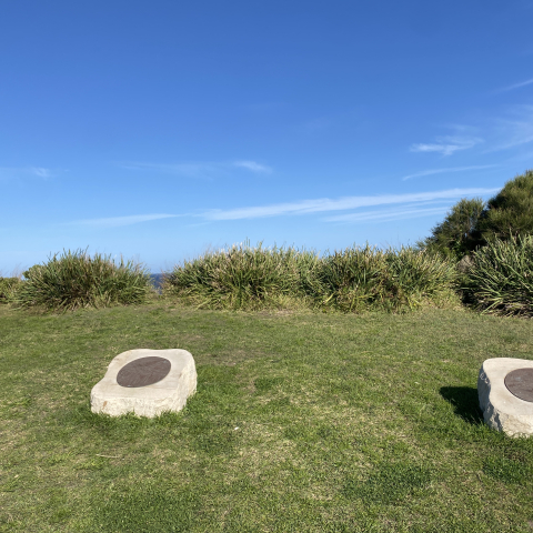 Bronze artwork of whales on top of a sandstone slab