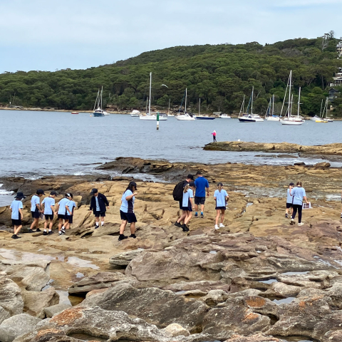 School children exploring rocks